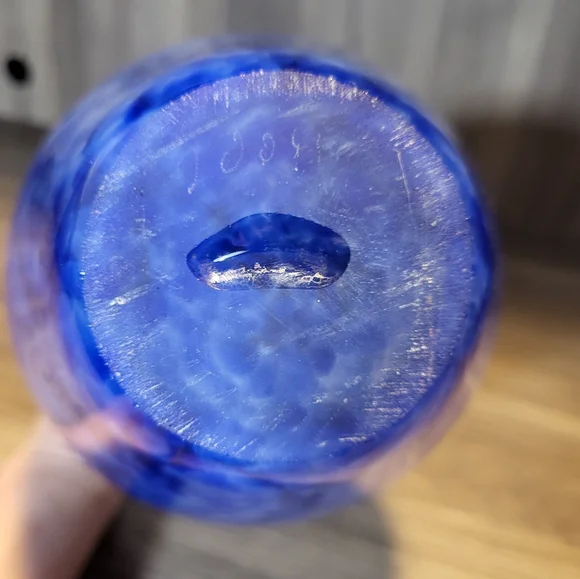 Hand Blown Glass Vase Vibrant Blue White Speckled Yellow Brim Art Glass - Picture 11 of 13